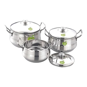 jvl stainless steel handi with lid amp handle set 3-piece gravy amp stock pot cook amp serve vessel rust resistant - 800 1250 1900 ml
