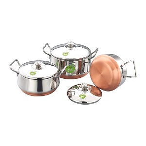 jvl stainless steel copper bottom pothandi with lid amp handle set 3-piece cookware set for kitchen cooking amp serving pot - copper bottom 800 1250 1900 ml