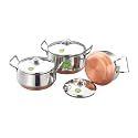 JVL Stainless Steel Copper Bottom Pot/Handi with Lid &amp; Handle Set, 3-Piece, Cookware Set for Kitchen, Cooking &amp; Serving Pot - Copper Bottom (800, 1250, 1900 ml)