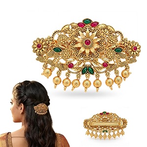 gold-plated antique hair clip with pink amp green stones amp drops bridal amp festive accessory design 1