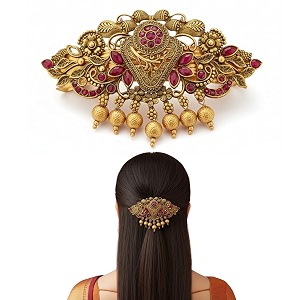 gold-plated antique hair clip with pink amp green stones amp drops bridal amp festive accessory design 5