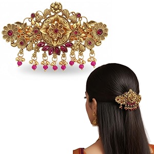 gold-plated antique hair clip with pink amp green stones amp drops bridal amp festive accessory design 4