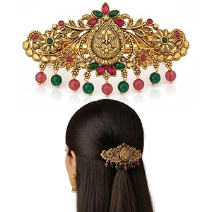 gold-plated antique hair clip with pink amp green stones amp drops bridal amp festive accessory design 3
