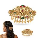 Gold-Plated Antique Hair Clip with Pink & Green Stones & Drops Bridal & Festive Accessory (Design 1)