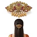 Gold-Plated Antique Hair Clip with Pink & Green Stones & Drops Bridal & Festive Accessory (Design 5)