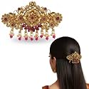 Gold-Plated Antique Hair Clip with Pink & Green Stones & Drops Bridal & Festive Accessory (Design 4)