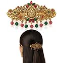 Gold-Plated Antique Hair Clip with Pink & Green Stones & Drops Bridal & Festive Accessory (Design 3)