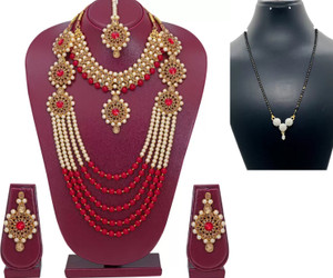 kaaynat brass stone mother of pearl alloy gold-plated red gold jewellery set