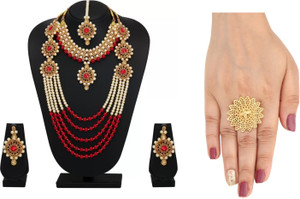 kaaynat brass stone mother of pearl alloy gold-plated gold red jewel set pack of 5