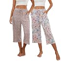 Kabento 2 Pack Womens Pajama Pants Capri Sleep Lounge Pants Drawstring Pj Bottoms with Pockets