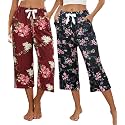 Kabento 2 Pack Womens Pajama Pants Capri Sleep Lounge Pants Drawstring Pj Bottoms with Pockets