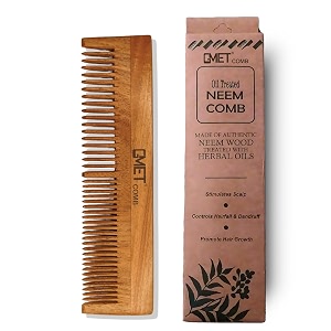 kacchi neem wooden comb - soaked in 17 herbs neem amp sesame oil for multi-actions - detangling frizz control amp shine suited for all hair types pattern-3
