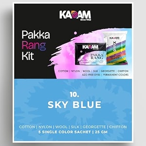 kadam pakka rang fabric dye colour  25g pack  includes dyfix color fixer  permanent fabric dyes for old faded jeans and clothes sky blue