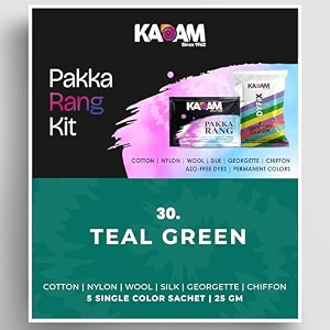 kadam pakka rang fabric dye colour  25g pack  includes dyfix color fixer  permanent fabric dyes for old faded jeans and clothes teal green