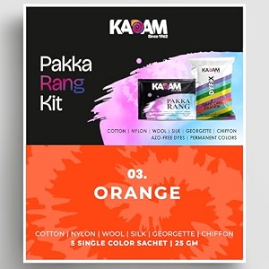 kadam pakka rang fabric dye colour  25g pack  includes dyfix color fixer  permanent fabric dyes for old faded jeans and clothes orange