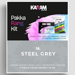 kadam pakka rang fabric dye colour  25g pack  includes dyfix color fixer  permanent fabric dyes for old faded jeans and clothes steel grey