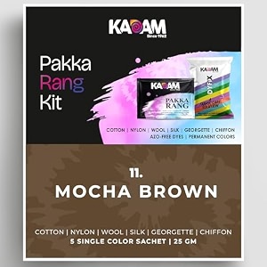 kadam pakka rang fabric dye colour  25g pack  includes dyfix color fixer  permanent fabric dyes for old faded jeans and clothes mocha brown
