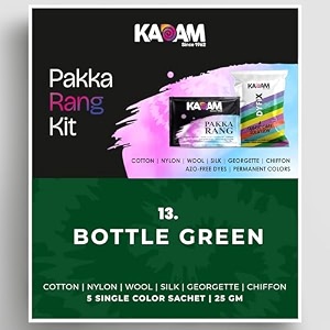 kadam pakka rang fabric dye colour  25g pack  includes dyfix color fixer  permanent fabric dyes for old faded jeans and clothes bottle green
