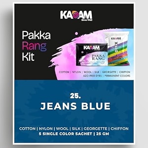 kadam pakka rang fabric dye colour  25g pack  includes dyfix color fixer  permanent fabric dyes for old faded jeans and clothes jeans blue