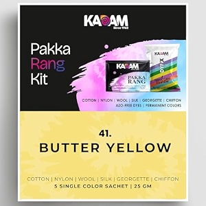 kadam pakka rang fabric dye colour  25g pack  includes dyfix color fixer  permanent fabric dyes for old faded jeans and clothes butter yellow