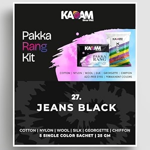 kadam pakka rang fabric dye colour jeans black  25g pack  includes dyfix color fixer  permanent fabric dyes for old faded jeans and clothes