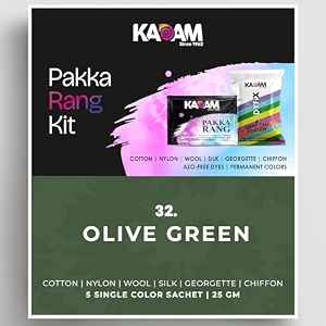 kadam pakka rang fabric dye colour  25g pack  includes dyfix color fixer  permanent fabric dyes for old faded jeans and clothes olve green