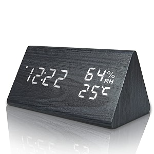 everwood kadio wooden digital alarm clock with electronic led time displayhumidityamptemperature detect for bedroombedsidebrown triangle-10 cm