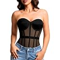 Kaei&amp;Shi Women's Strapless Mesh Corset Top, Padded Lace-Up Bustier