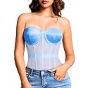 Kaei&amp;Shi Women's Strapless Mesh Corset Top, Padded Lace-Up Bustier