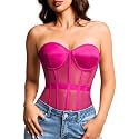 Kaei&amp;Shi Women's Strapless Mesh Corset Top, Padded Lace-Up Bustier