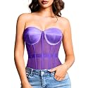Kaei&amp;Shi Women's Strapless Mesh Corset Top, Padded Lace-Up Bustier