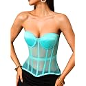 Kaei&amp;Shi Women's Strapless Mesh Corset Top, Padded Lace-Up Bustier