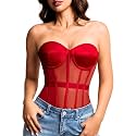 Kaei&amp;Shi Women's Strapless Mesh Corset Top, Padded Lace-Up Bustier