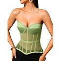 Kaei&amp;Shi Women's Strapless Mesh Corset Top, Padded Lace-Up Bustier