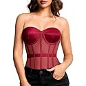 Kaei&amp;Shi Women's Strapless Mesh Corset Top, Padded Lace-Up Bustier