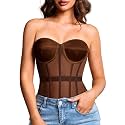 Kaei&amp;Shi Women's Strapless Mesh Corset Top, Padded Lace-Up Bustier