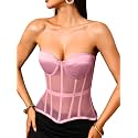 Kaei&amp;Shi Women's Strapless Mesh Corset Top, Padded Lace-Up Bustier