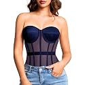 Kaei&amp;Shi Women's Strapless Mesh Corset Top, Padded Lace-Up Bustier