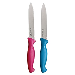 kai stainless steel kitchen and vegetable knife plain and serrated blade set 2-piece pink-blue