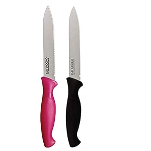 kai stainless steel kitchen and vegetable knife plain and serrated blade set 2-piece pink-black