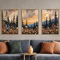 KAIRNE Mountain Wildflower Landscape Framed Canvas Wall Art Set,Vintage Moon Pine Tree Wall Decor,Rustic Forest Art Prints,Retro Scenery Artwork for Living Room,Bedroom,Farmhouse,Office-24 x36 x3