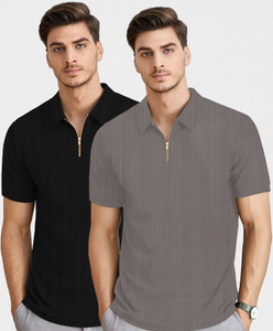 KAJARU Self Design Men Zip Neck Black