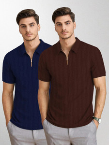 KAJARU Self Design Men Zip Neck Brown