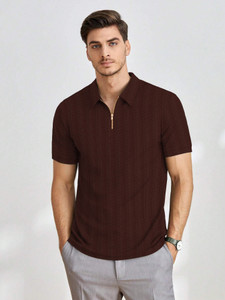 KAJARU Self Design Men Zip Neck Brown