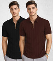 KAJARU Self Design Men Zip Neck Brown