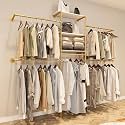 KaKaBB Heavy Duty Gold Pipe Clothing Rack - Wall Mounted Industrial Clothes Rack, DIY Corner Closet System with Shelves, Adjustable Walk-in Closet Organizer (GOLD, 94.5")