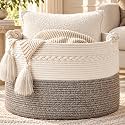 KAKAMAY Large Blanket Basket (20"x13"),Woven Baskets for storage Baby Laundry Hamper, Cotton Rope Blanket Basket for Living Room, Laundry, Nursery, Pillows, Baby Toy chest (White/Beige)