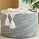 KAKAMAY Large Blanket Basket (20"x13"),Woven Baskets for storage Baby Laundry Hamper, Cotton Rope Blanket Basket for Living Room, Laundry, Nursery, Pillows, Grey with Blue &amp; Brown Dotted