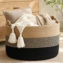 KAKAMAY Large Blanket Basket (20"x13"),Woven Rope Baskets for storage Baby Laundry Hamper, Cotton Rope Blanket Basket for Living Room, Laundry, Nursery, Pillows,Baby Toy chest (Jute/Black)