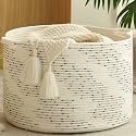 KAKAMAY Large Blanket Basket (20"x13"),Woven Baskets for storage Baby Laundry Hamper，Cotton Rope Blanket Basket for Living Room, Laundry, Nursery, Pillows, Off White with Blue &amp; Brown Dotted Pattern